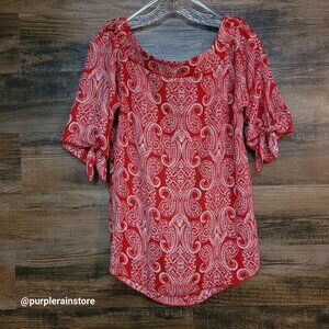 Renee C Chiffon Paisley Top L Tie Sleeve Boho Festival Country Girl Feminine